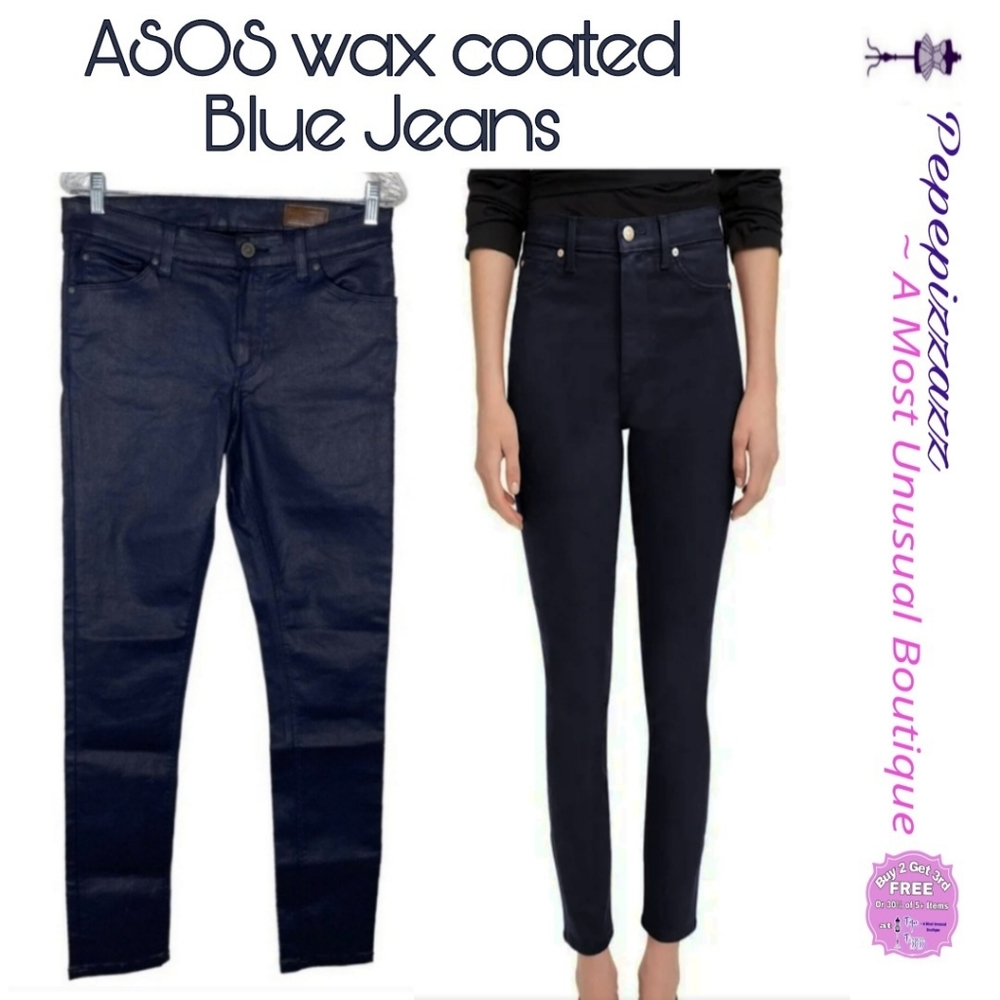 NEW ASOS SKINNY COATED BLUE JEANS WOMENS 34